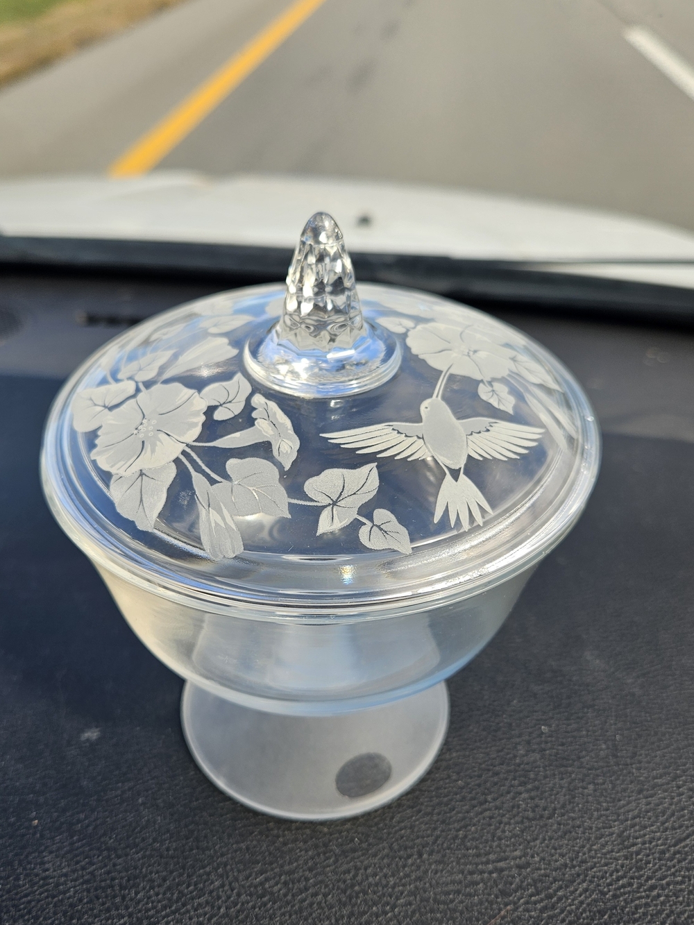Avon Clear Frosted Glass Candy Dish with Hummingbird Etching